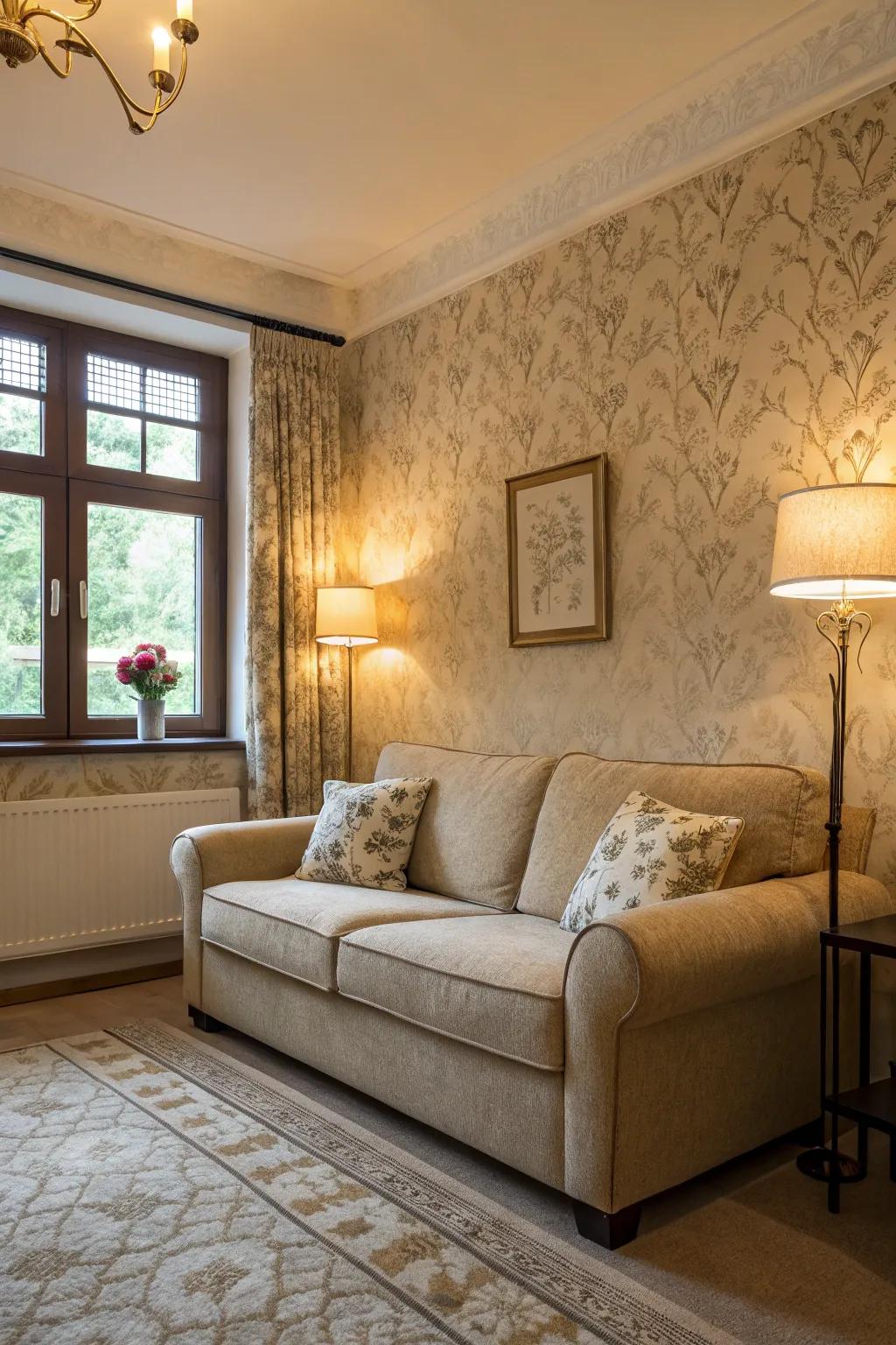 Elegant wallpaper complements a beige couch in a refined living room.