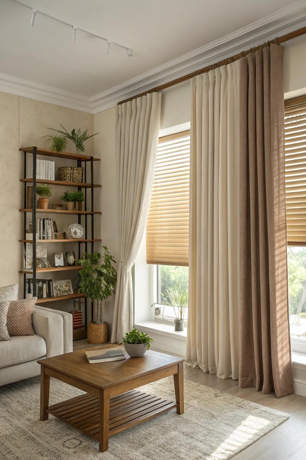 Layered window treatments combining blinds and curtains for a dramatic effect.