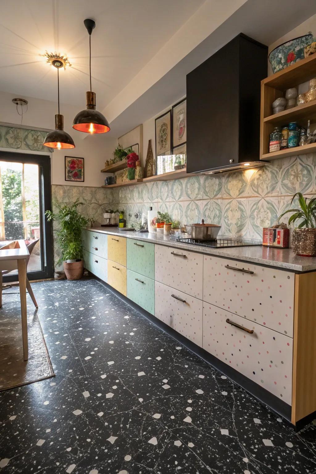 A kitchen with black terrazzo floor tiles offering a playful, sophisticated twist.