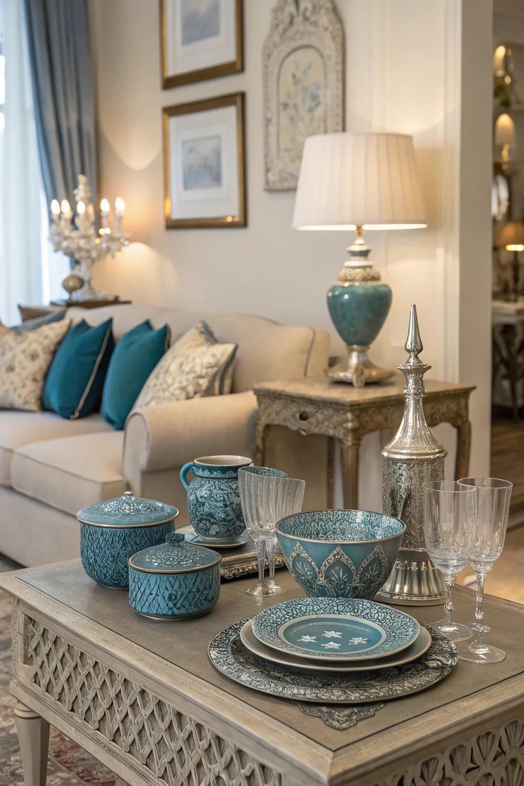 Blue and silver tableware adds subtle elegance to this living room's decor.