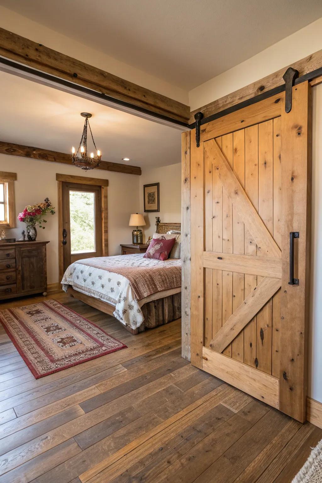 A sliding barn door adding rustic style and functionality.