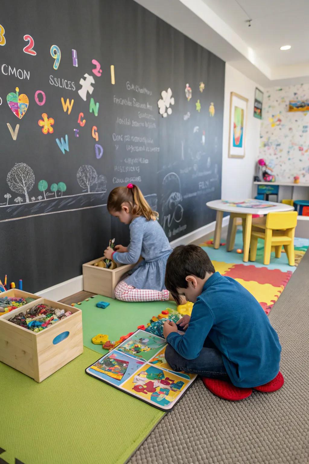 A puzzle area next to a chalkboard wall enhances problem-solving.