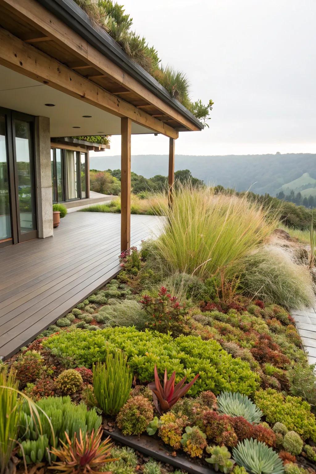 A living green roof offers eco-friendly shade and beauty.