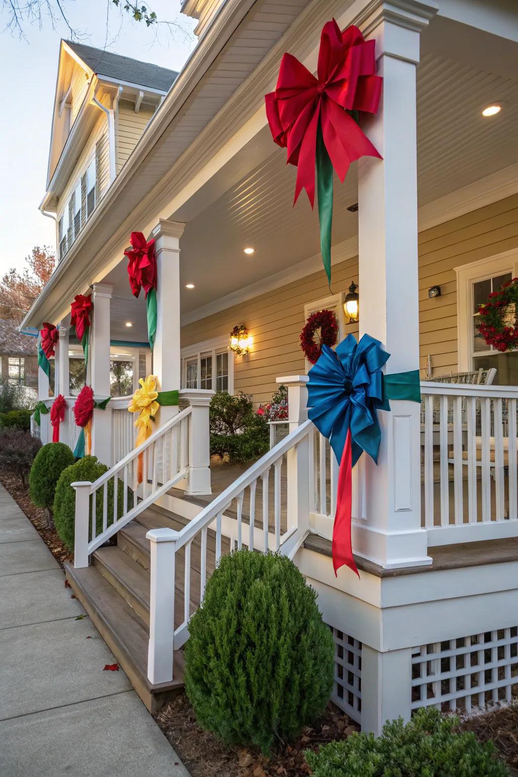 Giant bows adding a bold and festive touch to the porch.