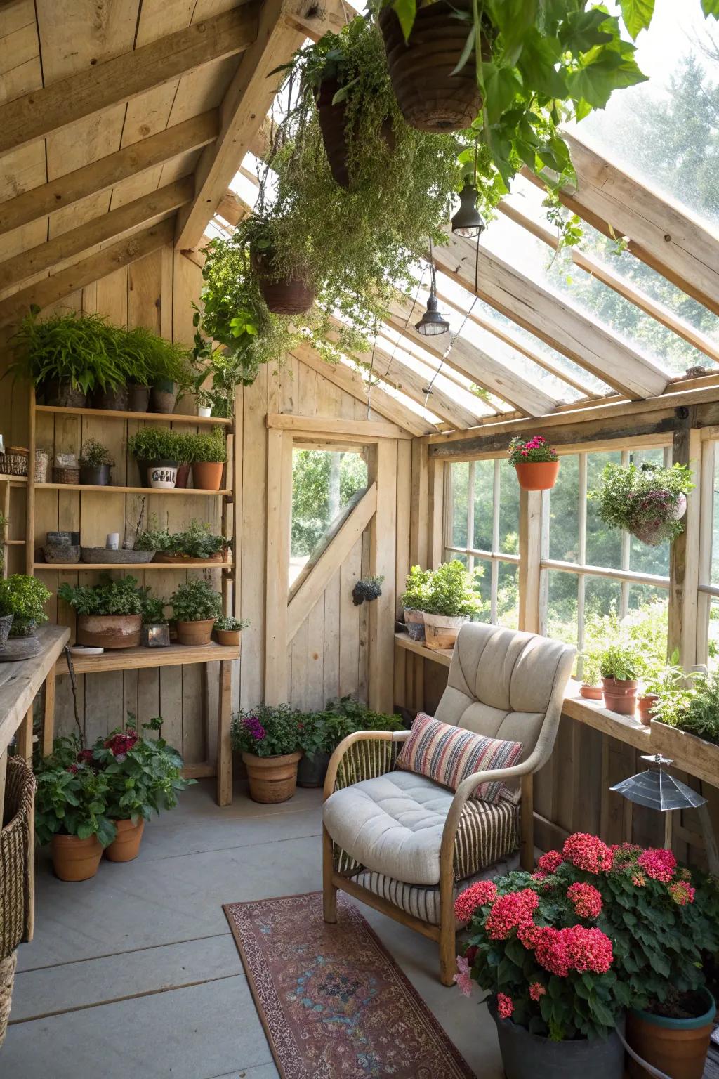 A lush greenhouse retreat to enjoy nature.