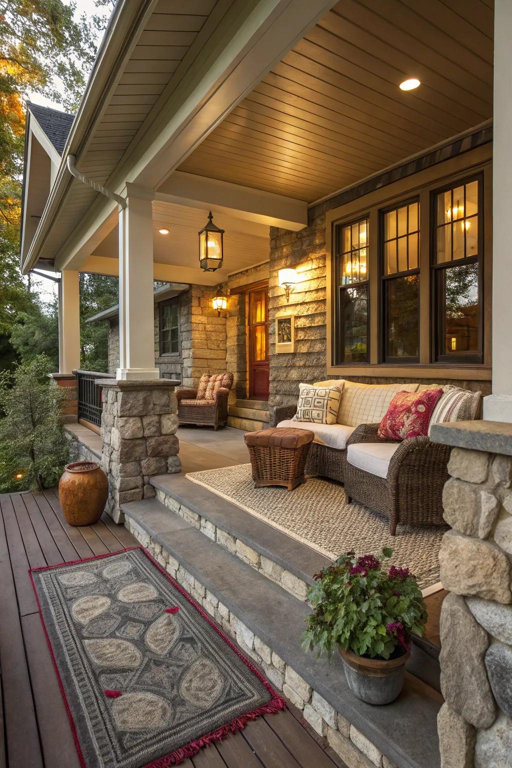 The porch is made cozy and inviting by a mix of textures.