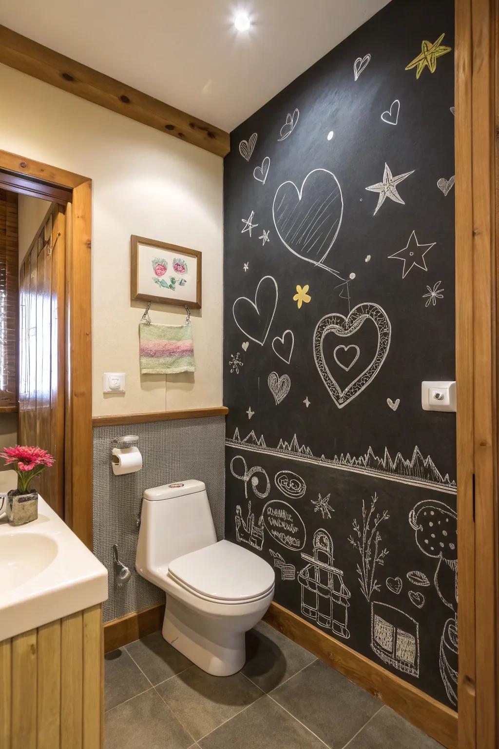 A bathroom with a creative chalkboard wall for personalized messages.