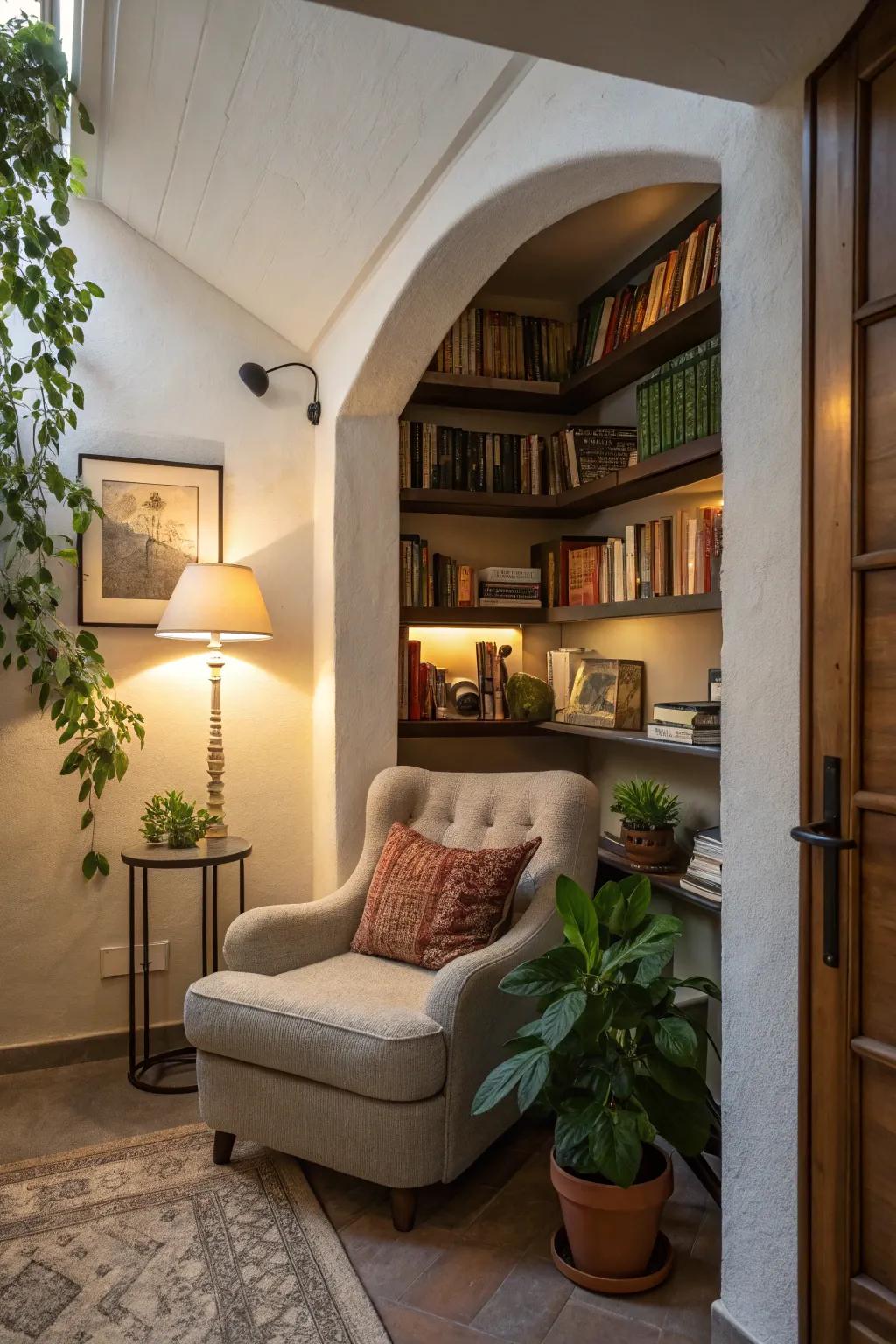 Book nooks create inviting spaces for reading and relaxation.