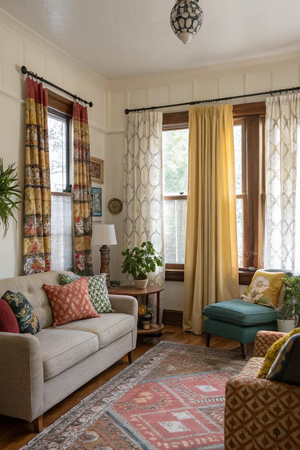 Blending curtain styles adds a personal and unique touch to decor.