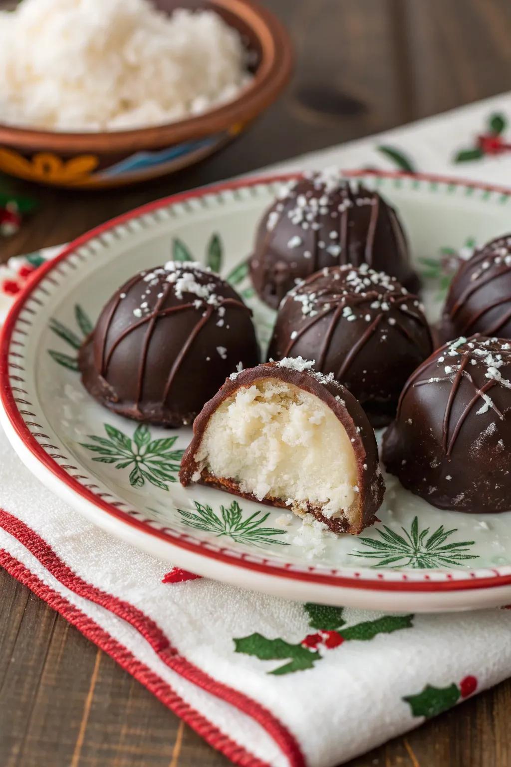 Sumptuous chocolate-dipped coconut sweets that bring a hint of the tropics to your holiday treats.