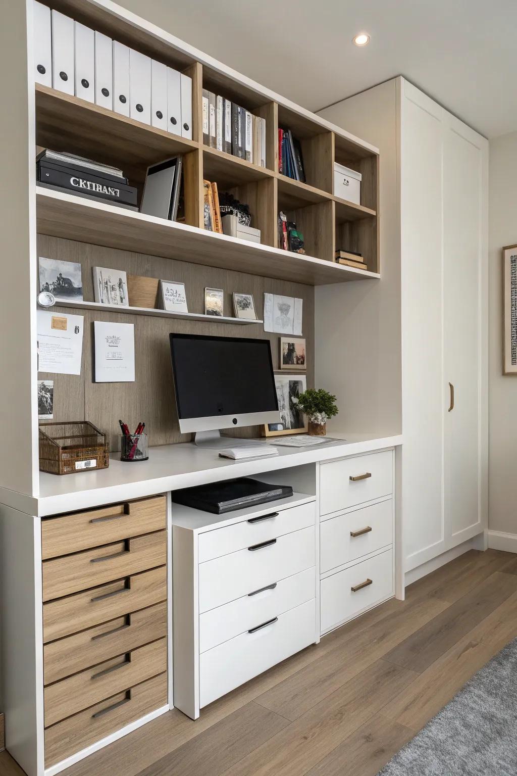 Integrated storage for a clutter-free desk.