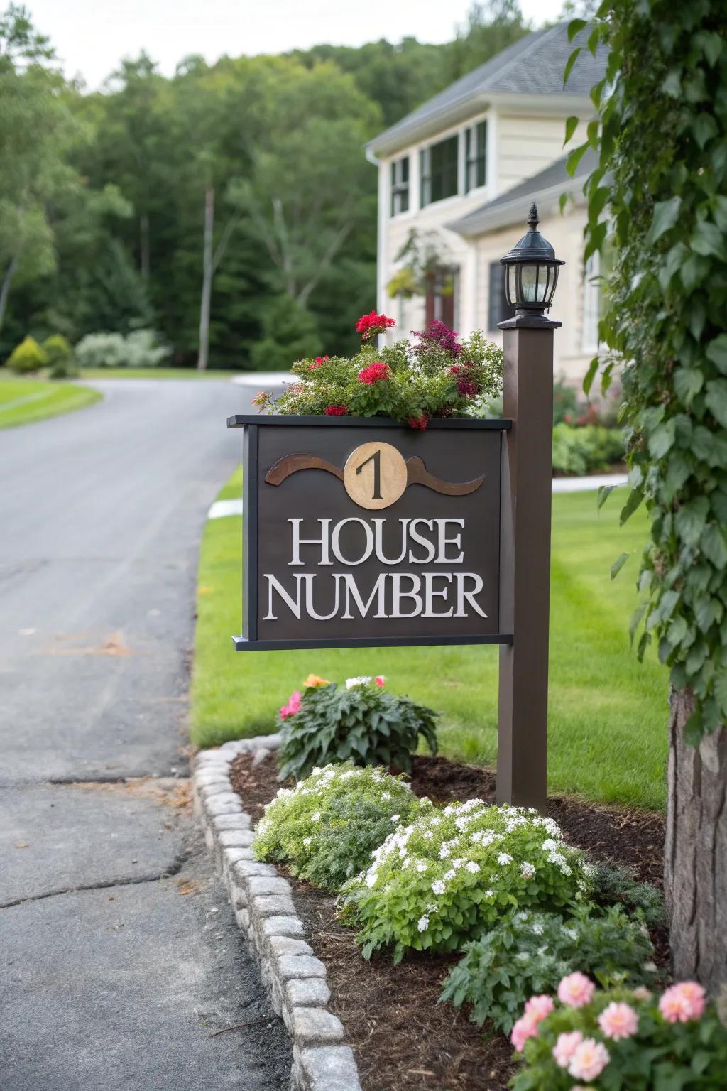 A custom house number sign adds a personal and artistic touch.