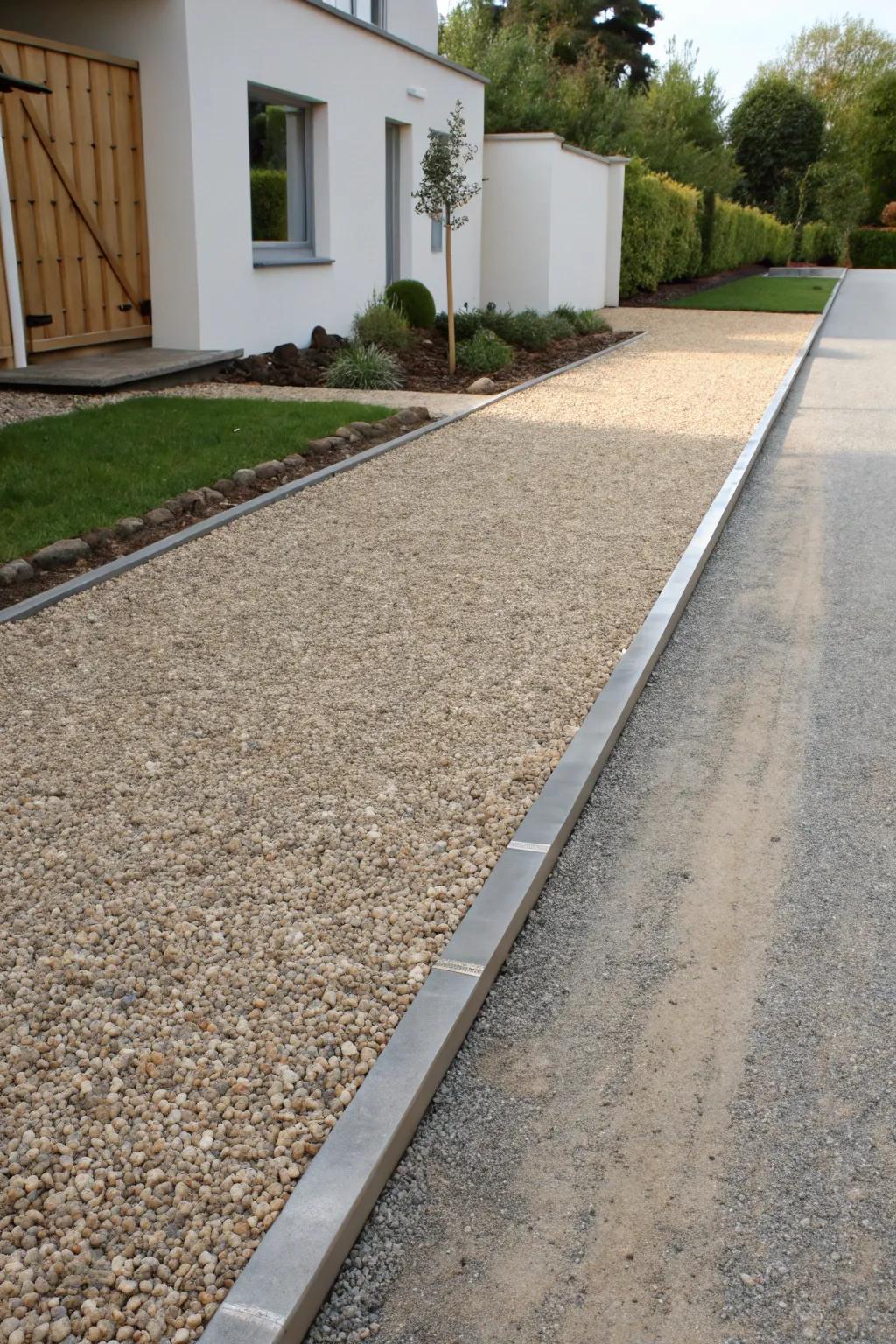 Steel border gives a crisp, modern style for gravel driveways.