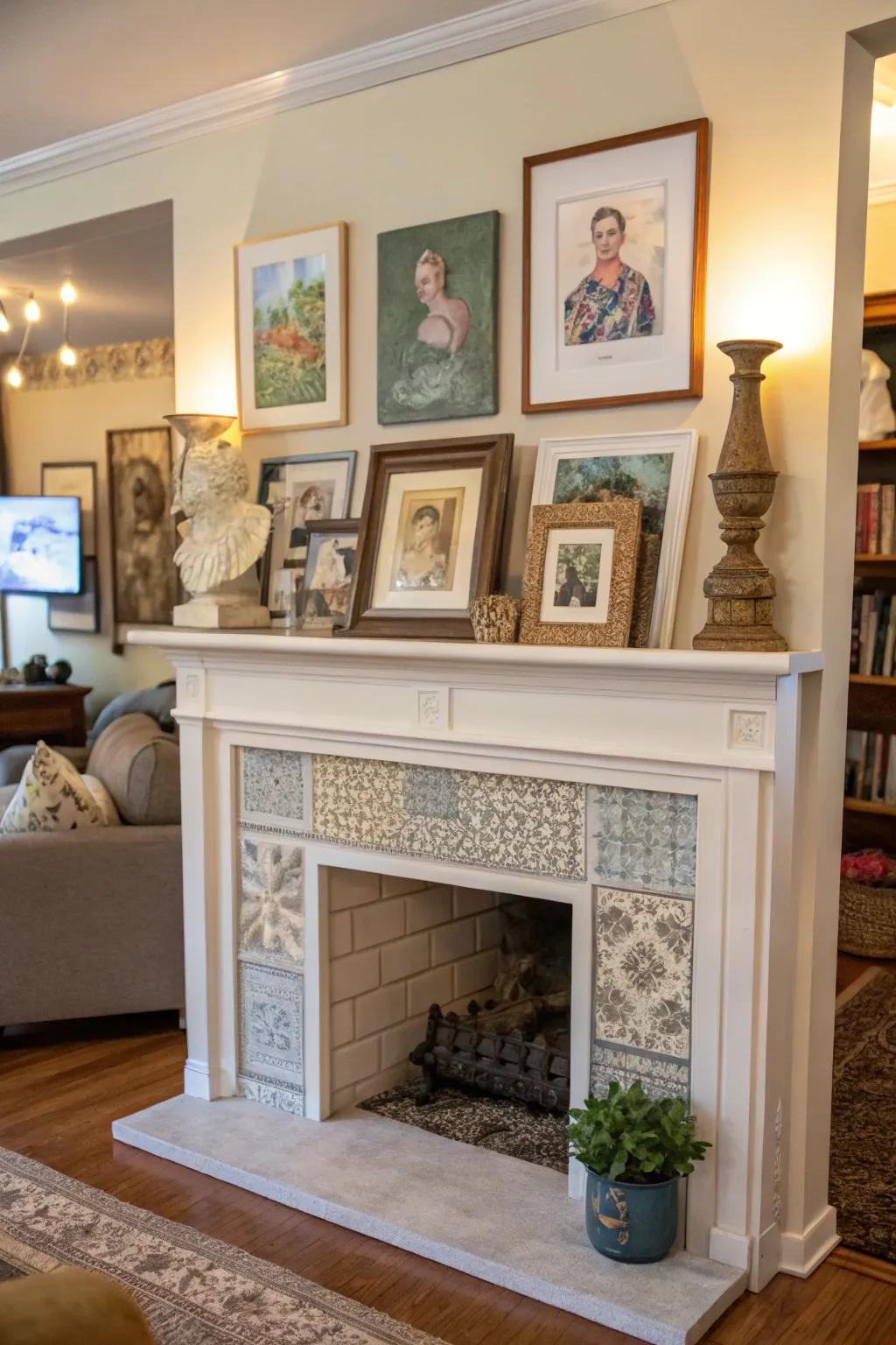 A faux fireplace serving as a personalized art display for unique expression.