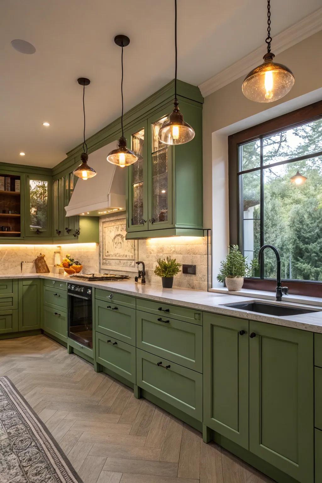 Elegant kitchen with green cabinets enhanced by strategic lighting.