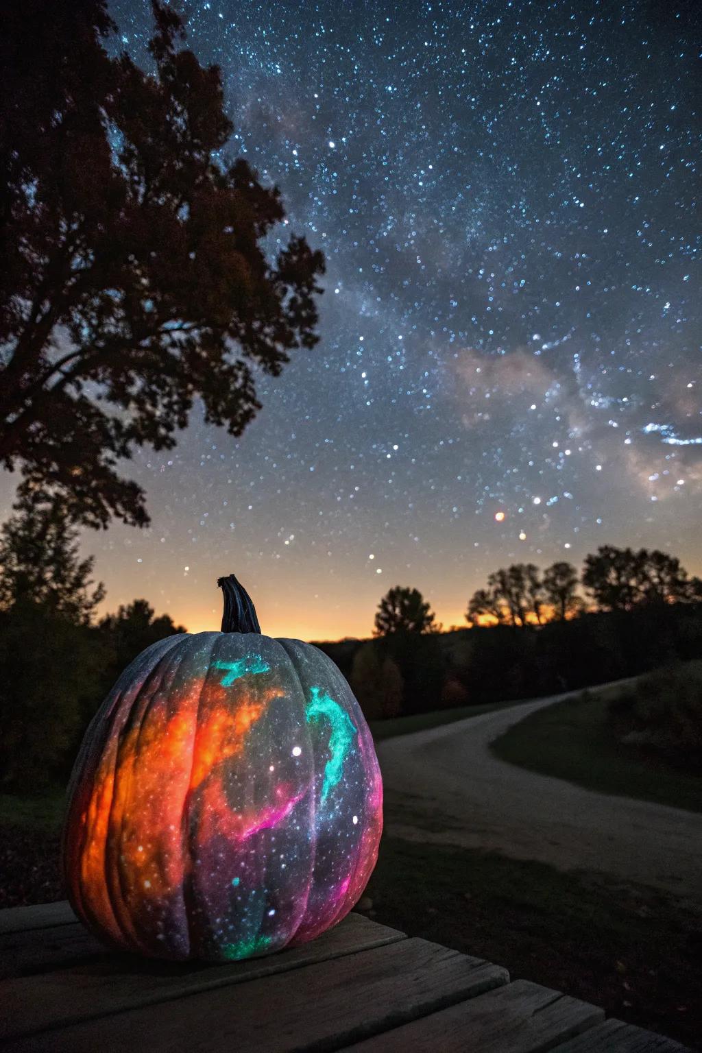 Galactic designs make pumpkins shine with a cosmic glow.