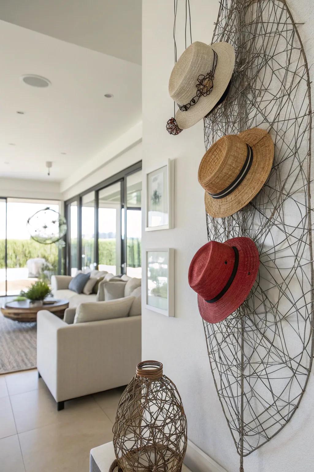 Wire sculptures add an artistic flair to your hat display.