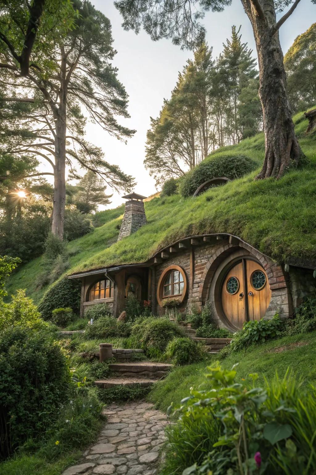 A whimsical Hobbit home set into the heart of the forest.