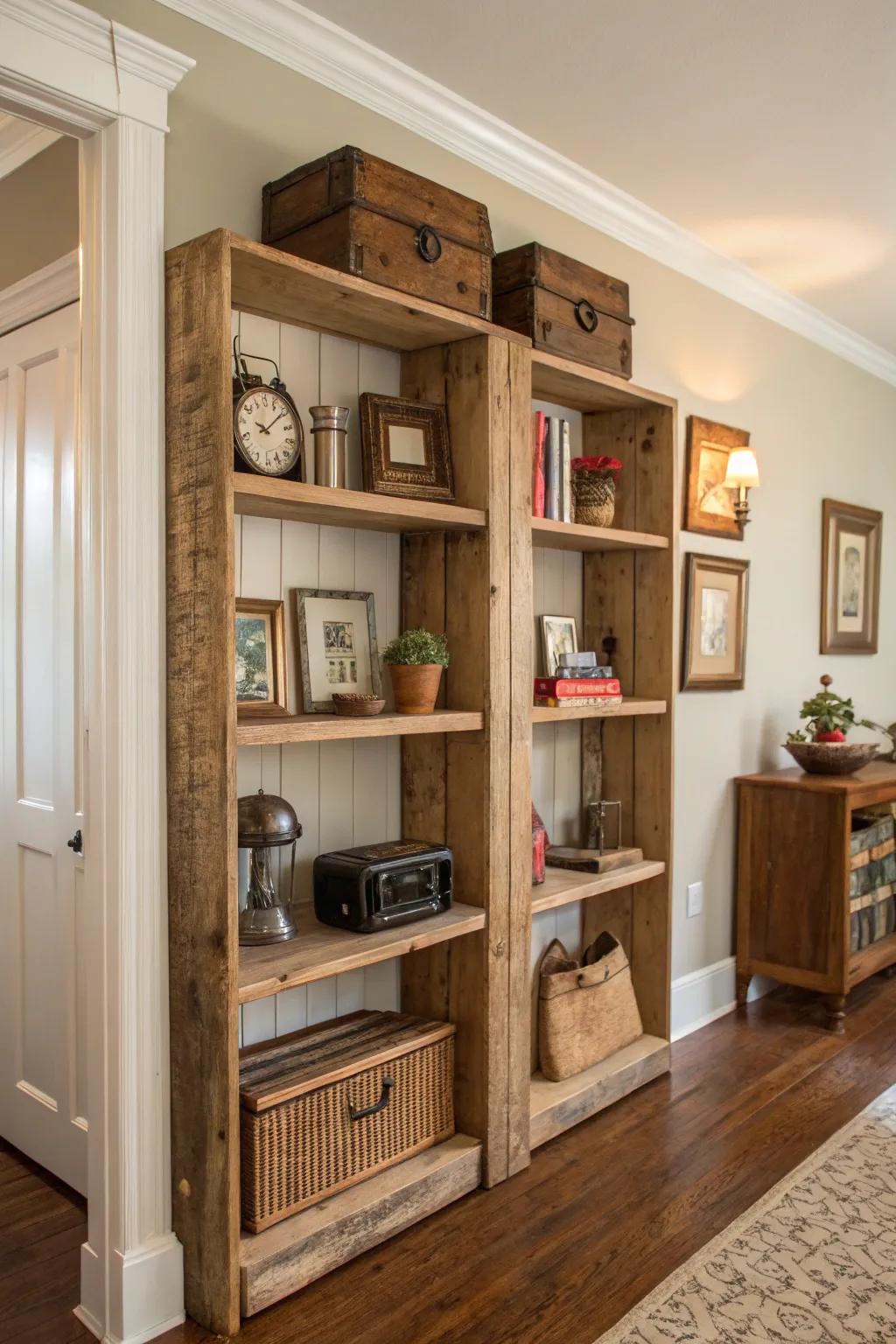 Incorporate vintage charm with reclaimed wood in-wall shelves.