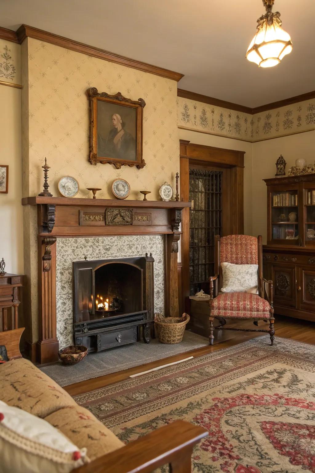 A living room that celebrates historic charm with a vintage fireplace.