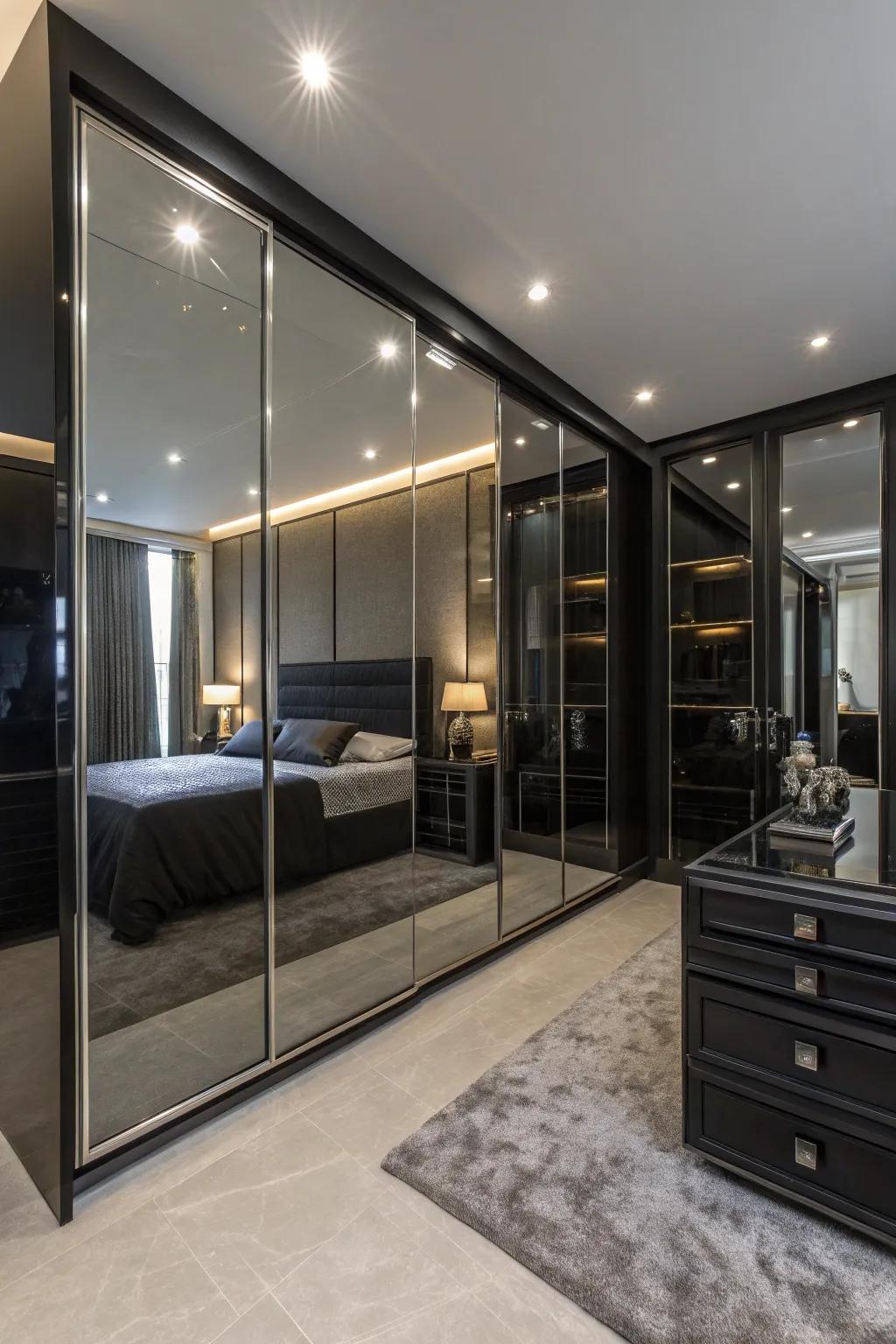 Glass elements add a modern touch and reflect light in this elegant black bedroom.