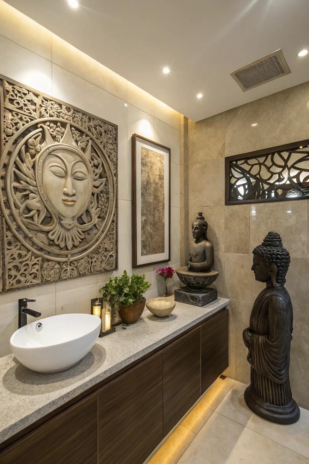 Artistic touch with sculptures and wall art for personalization.