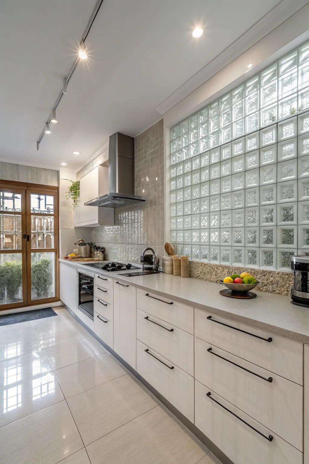 Monochrome glass blocks bring modernity and light to the kitchen.