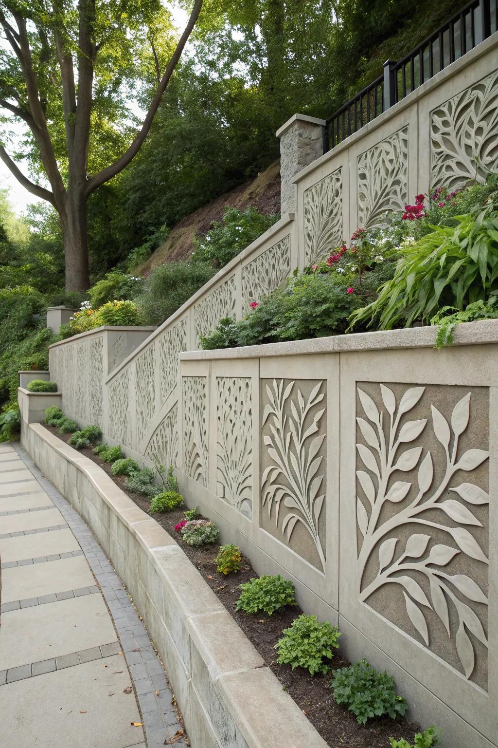 Decorative patterned concrete wall adding intrigue.