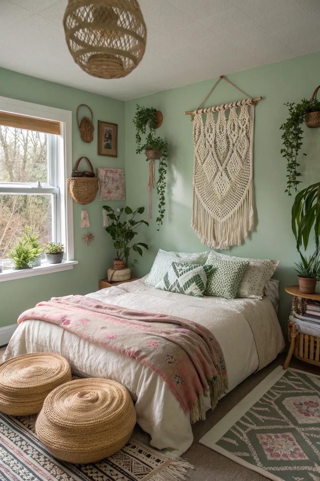 Eclectic boho touches with sage green create a laid-back, artistic vibe.