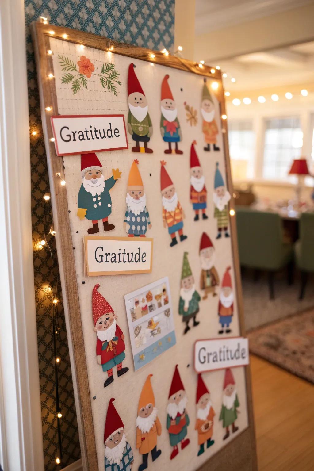 A 'Grateful Gnomes' bulletin board.