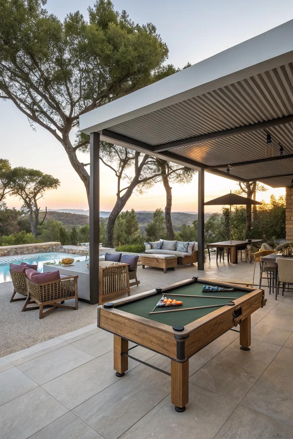 A convertible outdoor pool table area with versatile furniture.