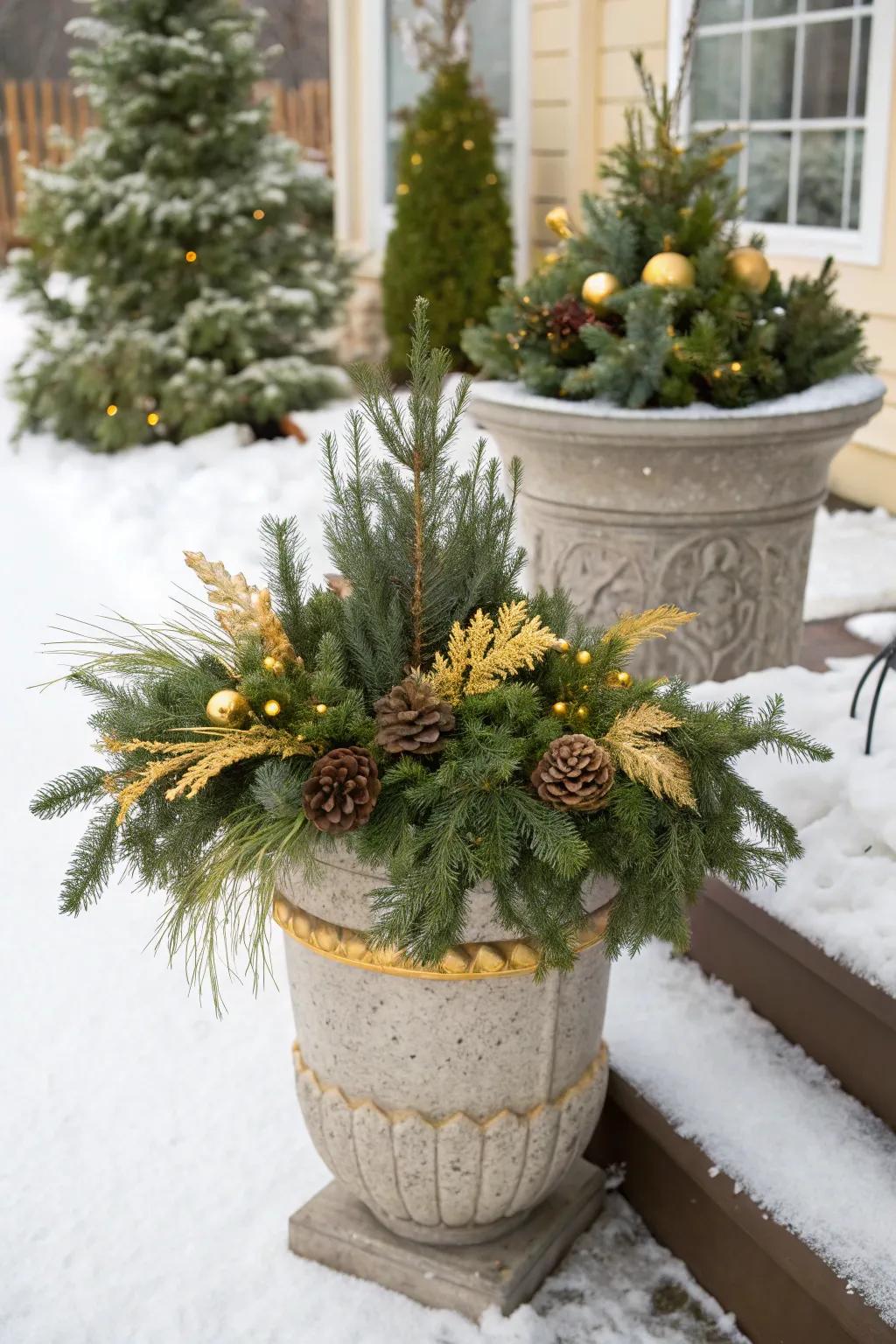 Golden accents bring luxury and warmth to planters.