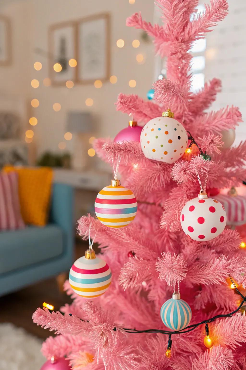 Playful patterns bring a lively spirit to this pink Christmas tree.