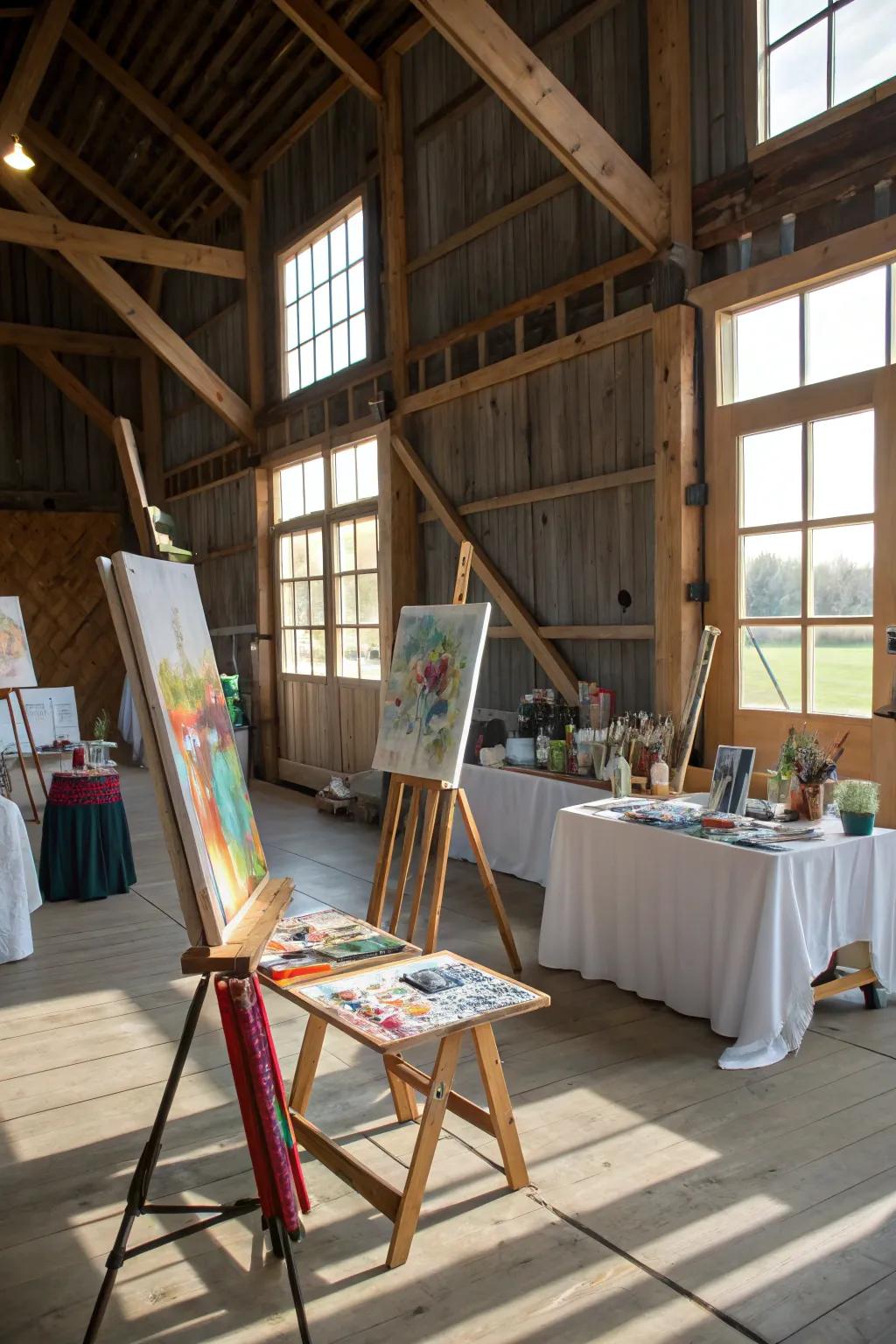 A creative space in a pole barn with easels and art supplies.