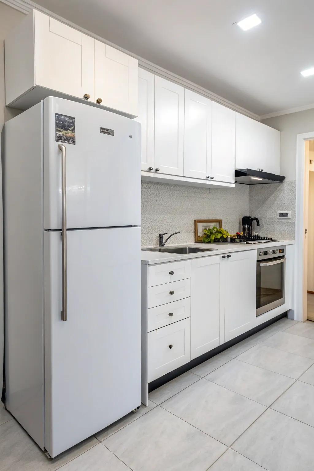 Minimalist design around the refrigerator emphasizes elegance and simplicity.