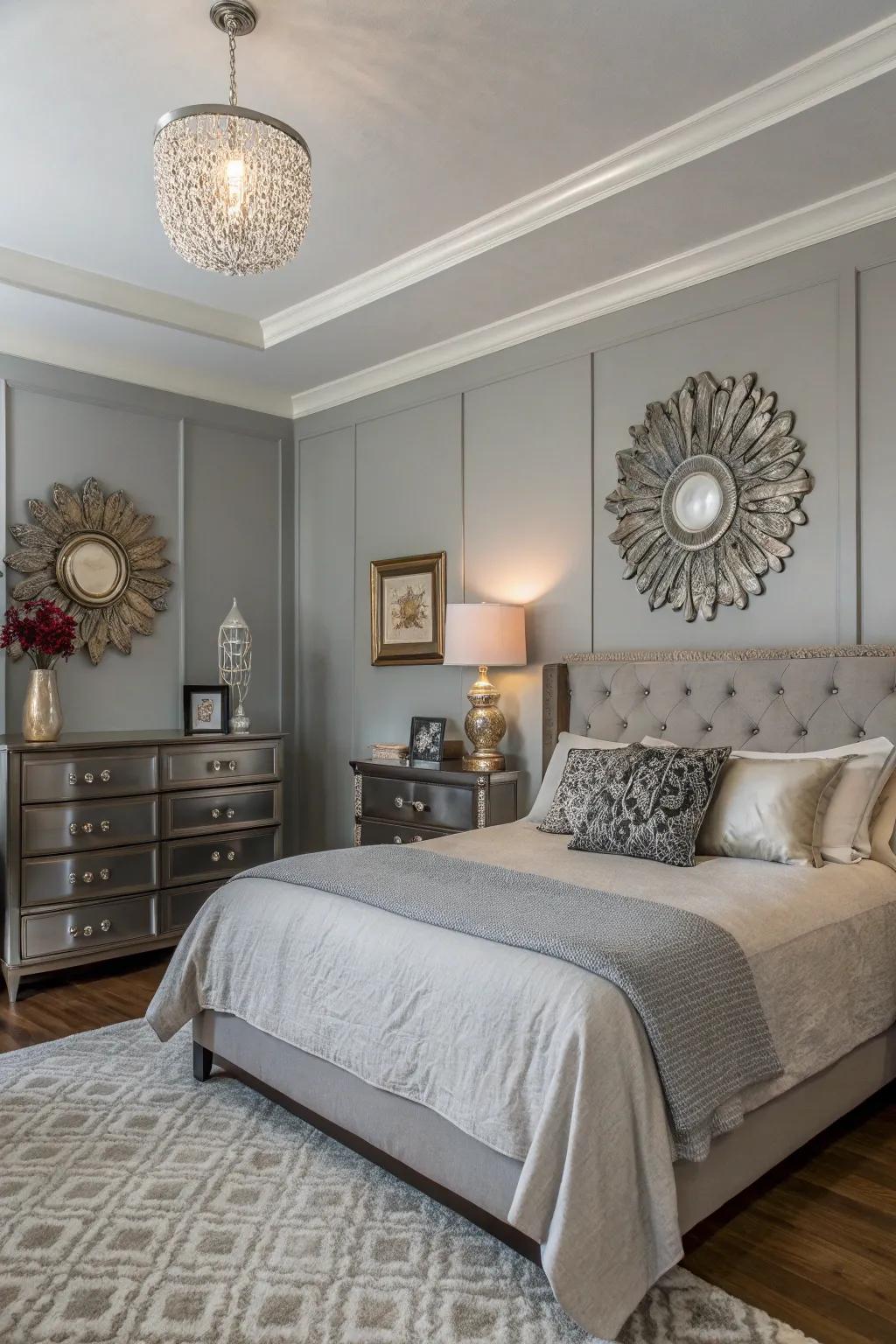 Metallic accessories add vintage glam to a Revere Pewter bedroom.