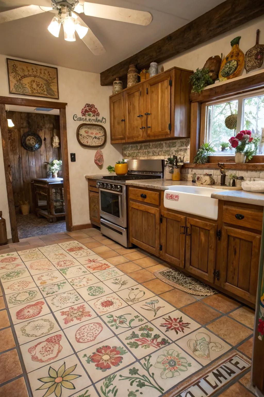 Hand-painted tiles offer personalized artistry in the kitchen.