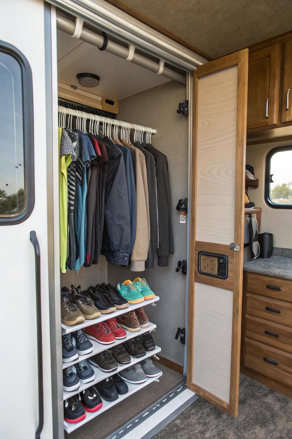 Tension rods offer a neat solution for shoe storage.