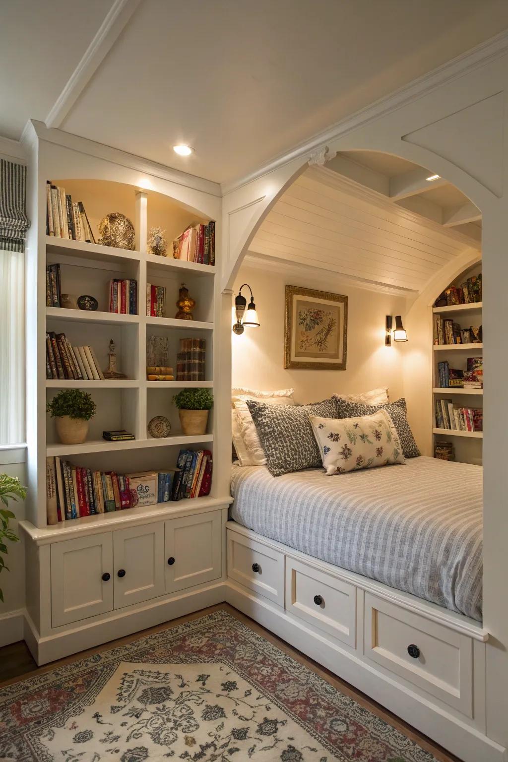 Bedroom with built-in shelves creating a reading nook.
