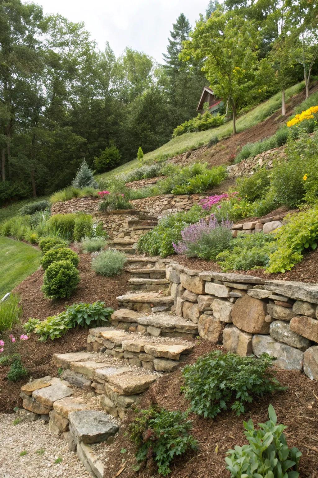 Transform hilly areas with terraced stone and mulch designs.