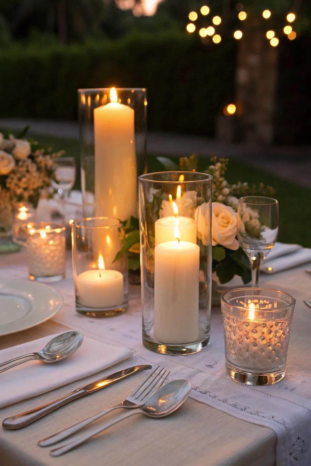 A table setup with elegant candlelight.