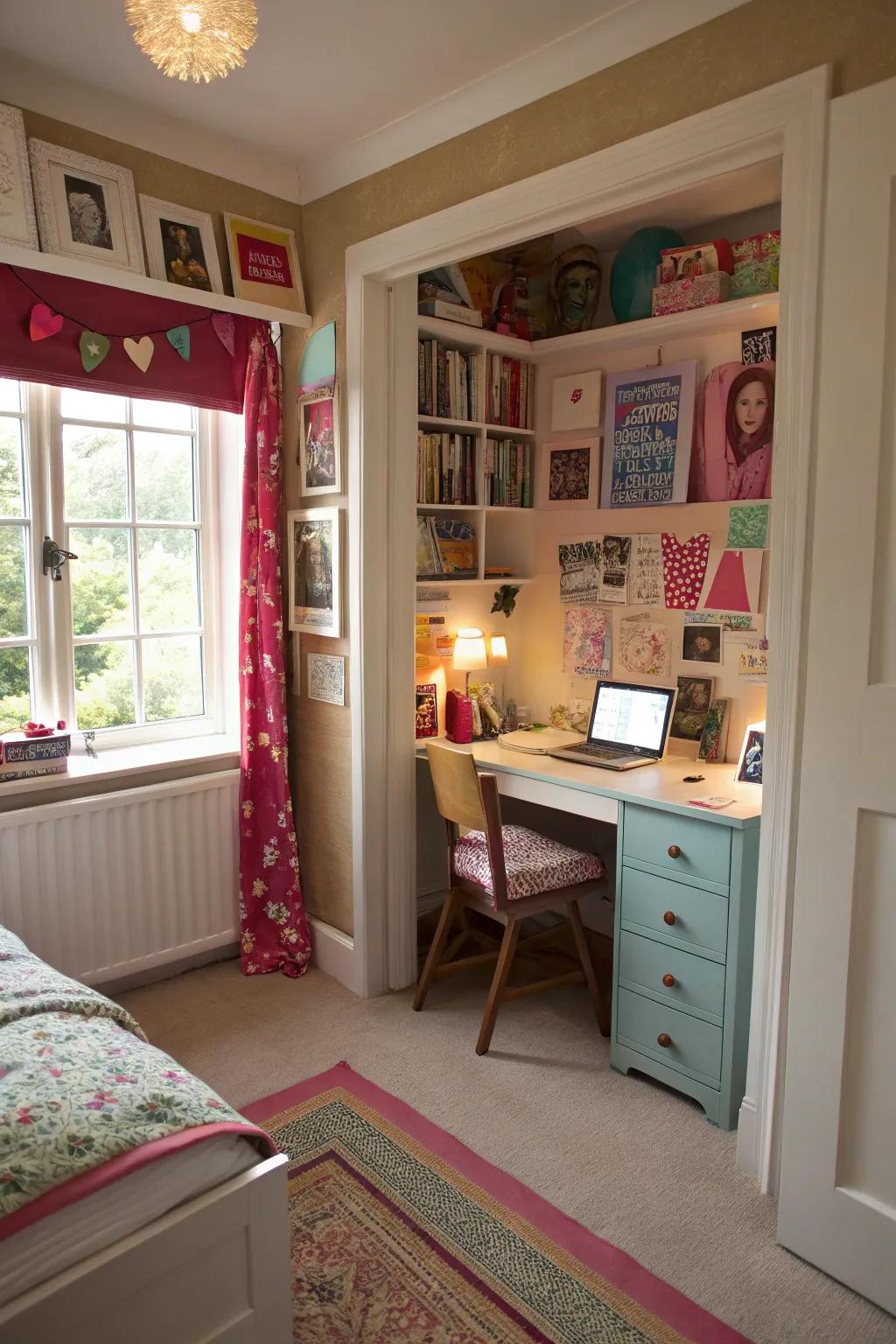 A hidden study niche offers a quiet and functional study space in a teen girl's room.