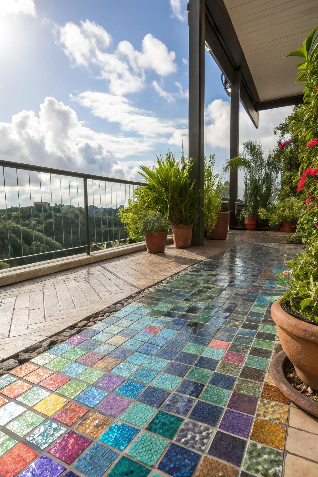 Glass mosaic tiles offer a unique and dazzling terrace flooring option.