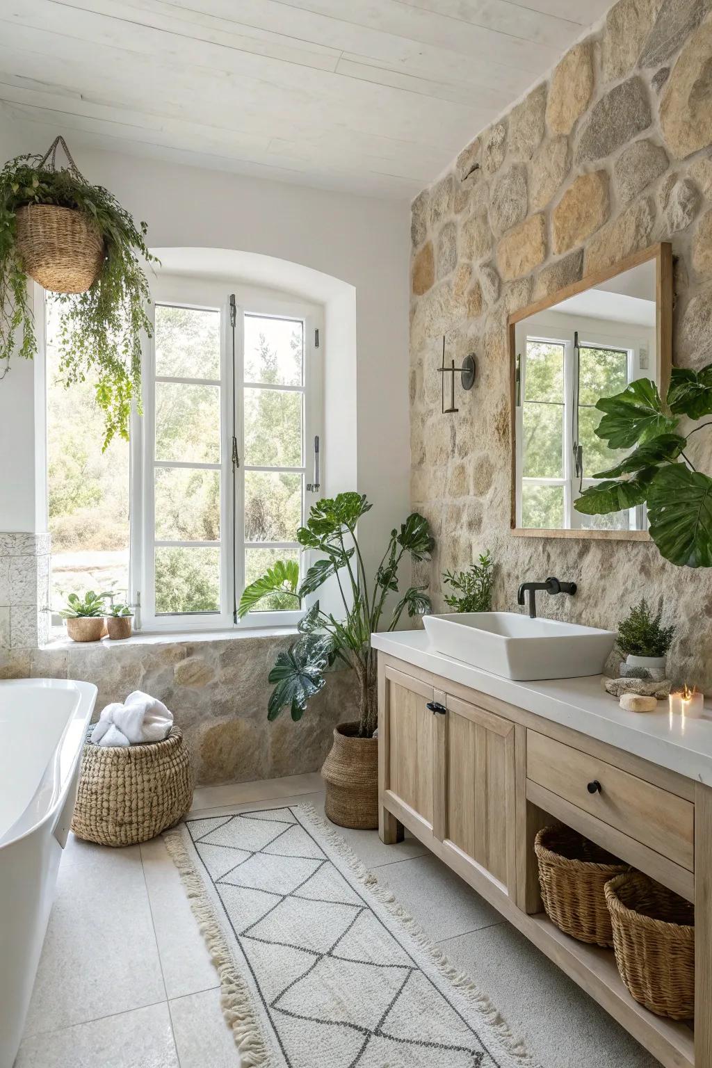 A white bathroom featuring natural stone accents that add an organic touch.