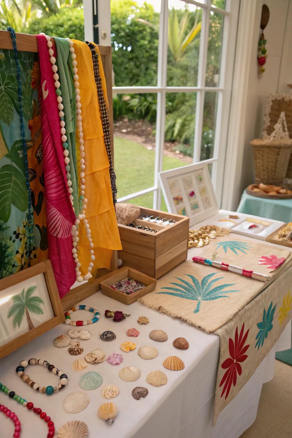 A craft station for creating tropical mementos.