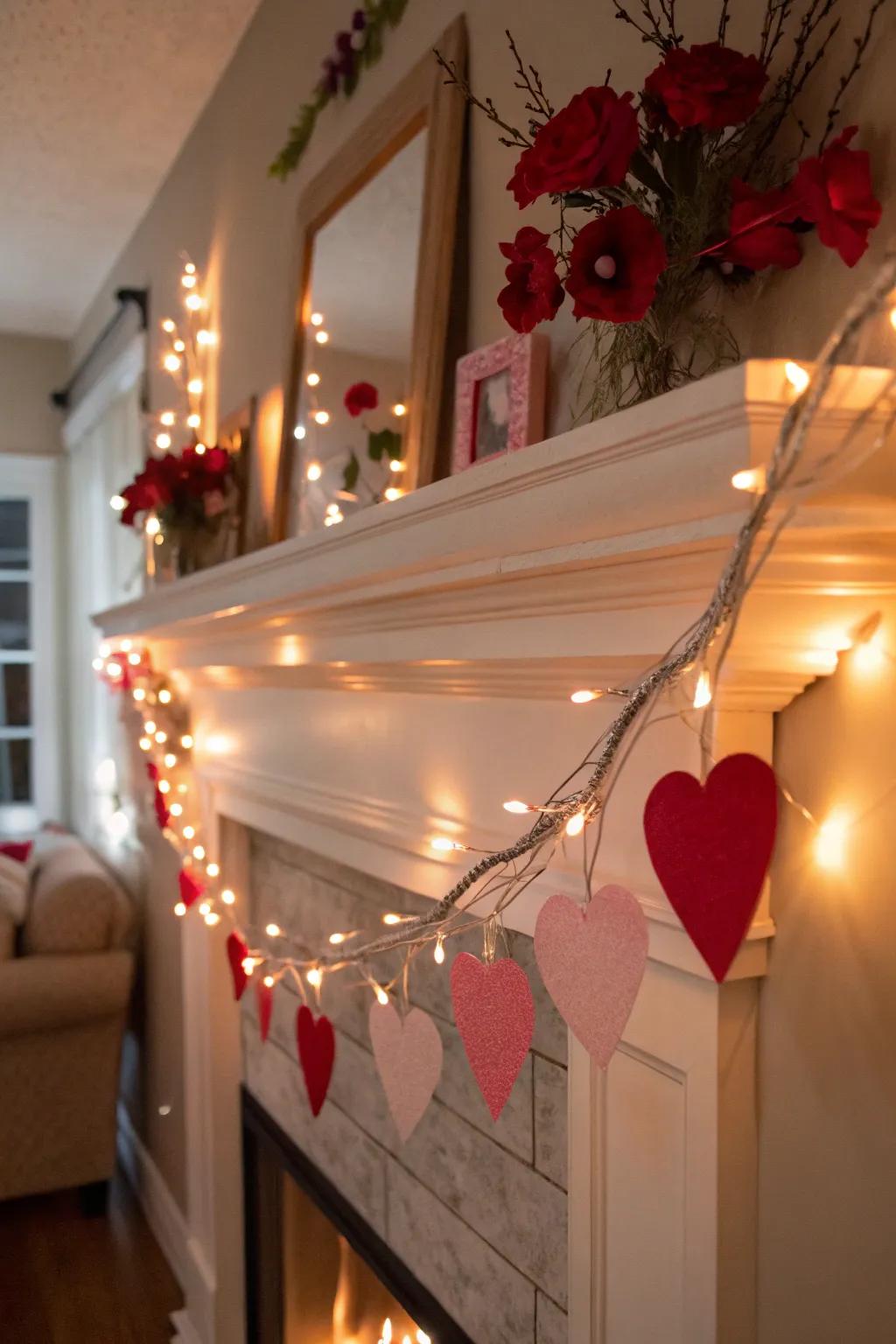 Twinkling string lights create a fairy-tale ambiance on the mantel.