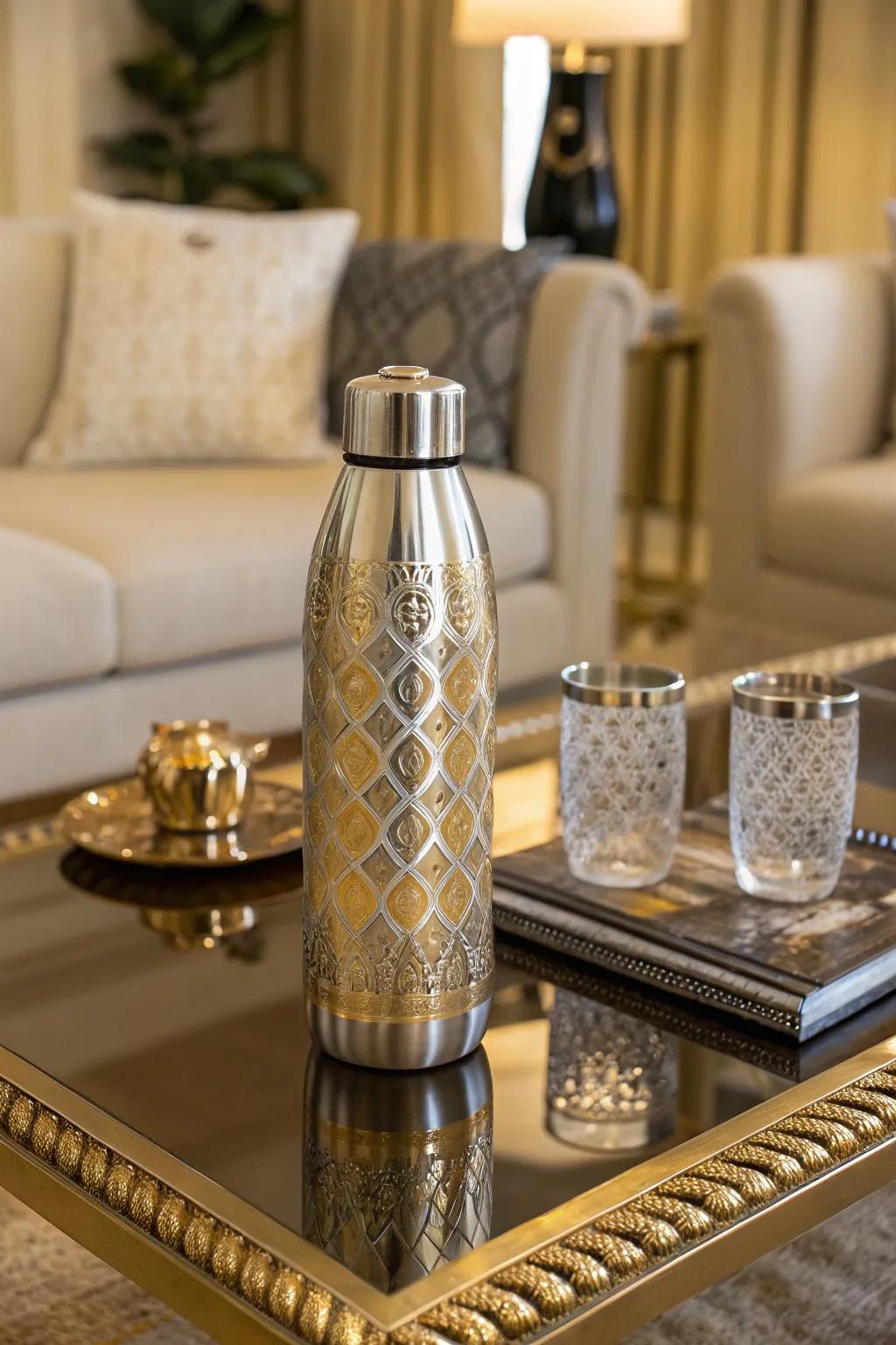 A luxurious water bottle with a metallic foil design.