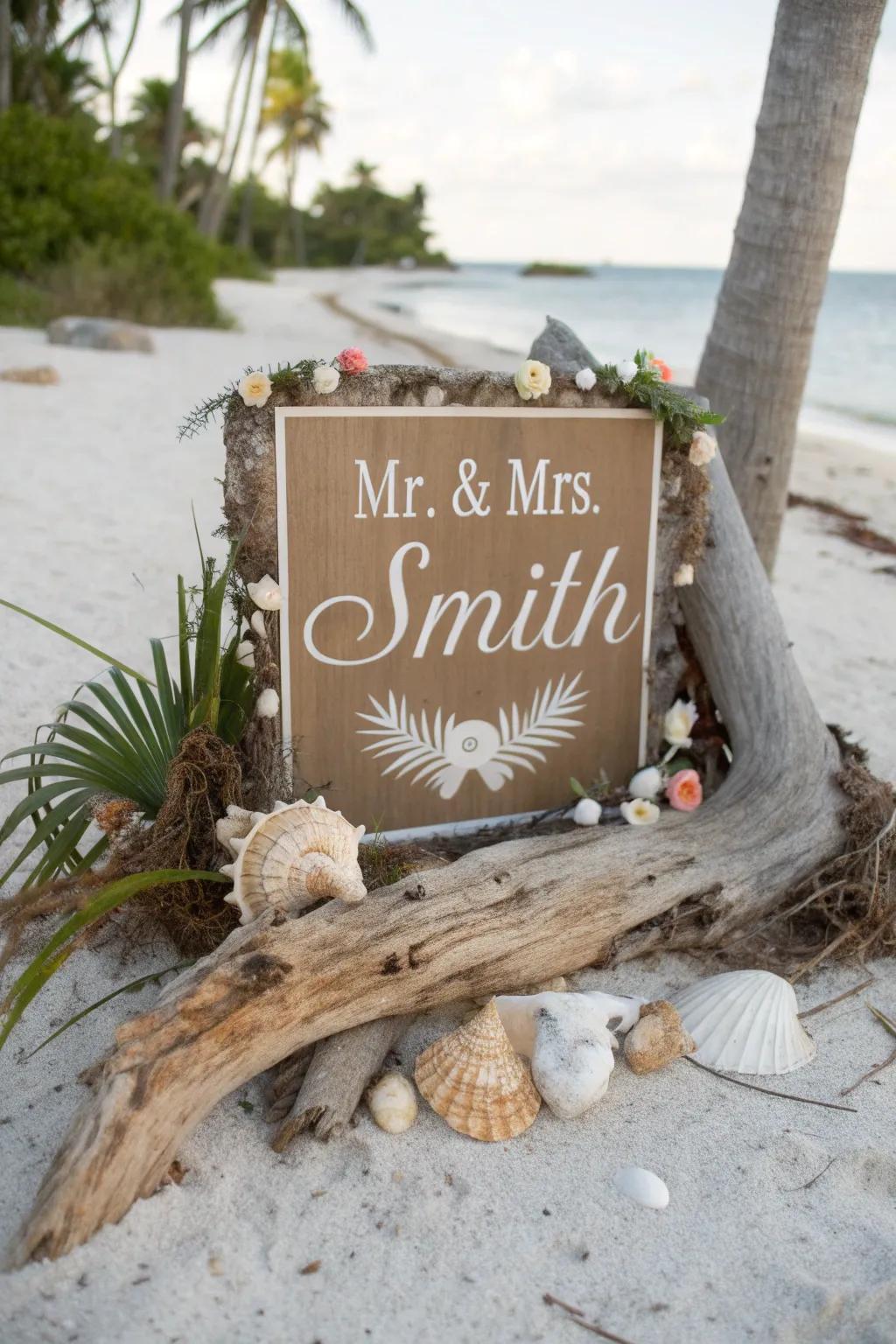 Integrating theme elements in signs enhances the wedding atmosphere.