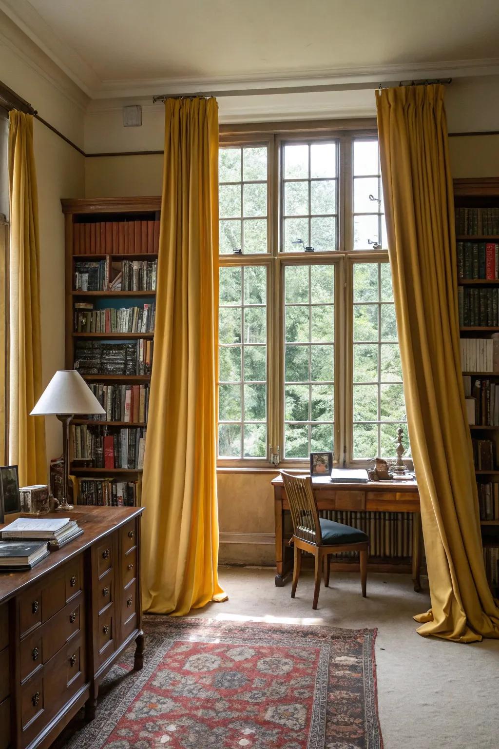 A study room with vibrant yellow curtains.