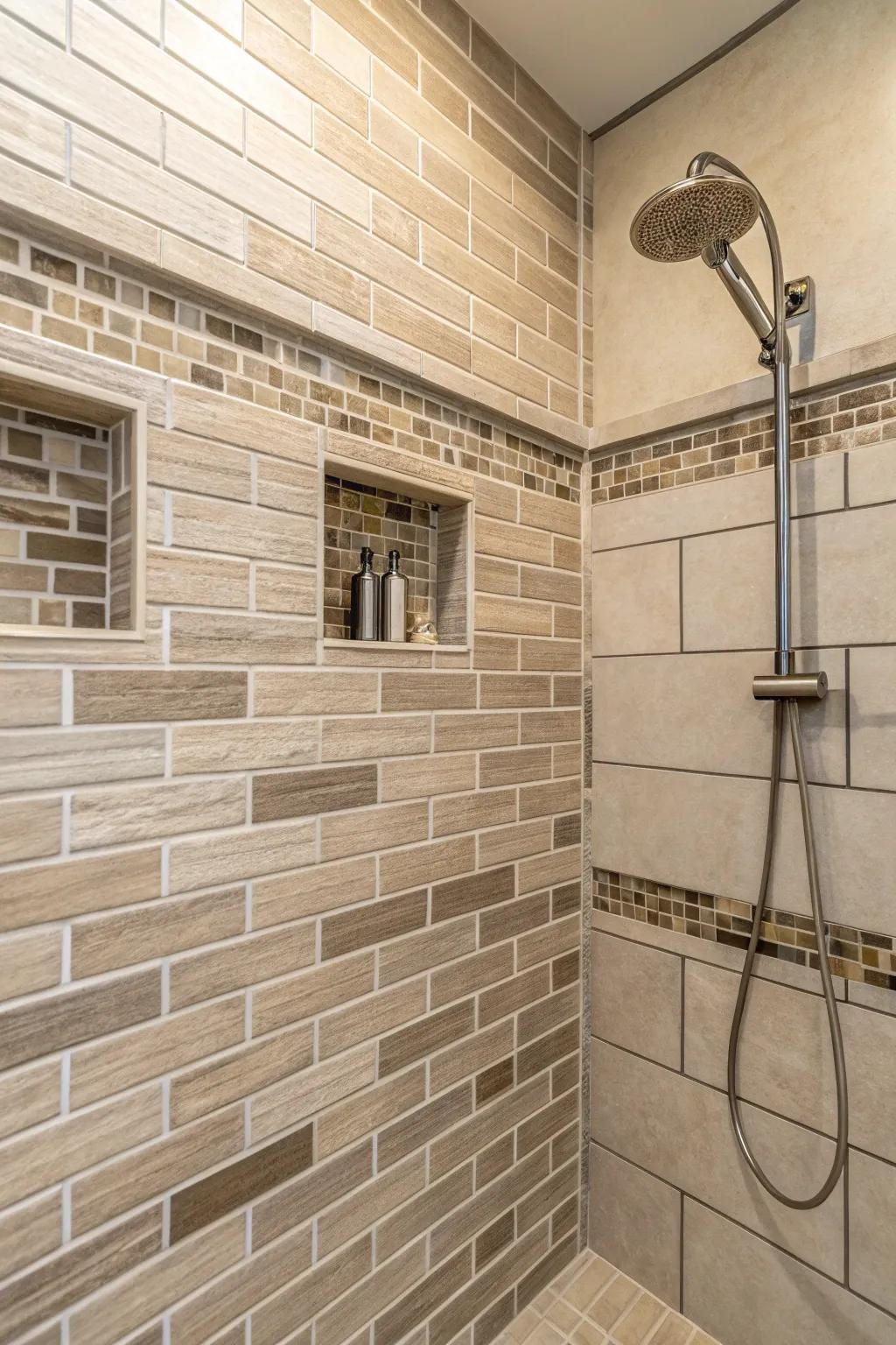 The staggered brick pattern brings a traditional feel to a modern shower.